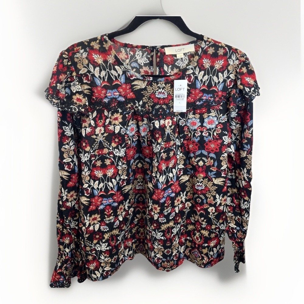 NWT LOFT Woman L Forest Ruffle Scalloped Yoke blouse shirt floral Black Multi